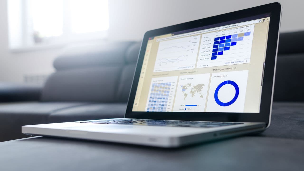 Laptop displaying a business intelligence dashboard with cohort analysis, session charts and a regional usage map