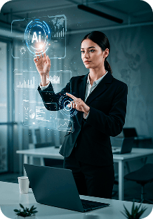 Businessman interacting with AI holographic interface