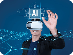 Person wearing VR headset with AI graphic
