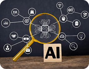 Magnifying glass over AI circuit board with AI block