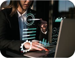 Businesswoman working with AI analytics and data visualization