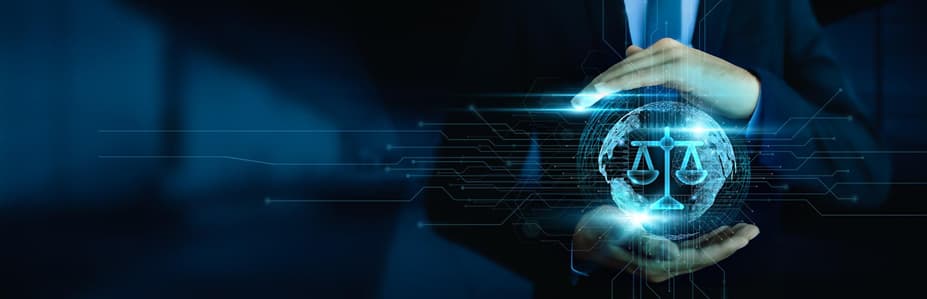 AI technology in legal practice - hands typing on laptop with AI icons and scales of justice