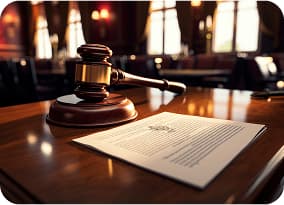 Professional businessman at desk with legal scales and documents
