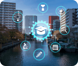 City skyline with glowing educational icons