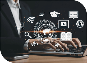 Person typing on laptop with holographic technology icons