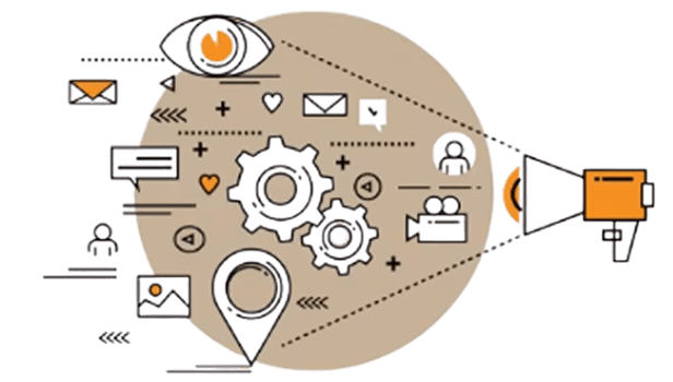 Illustration of integrated tech ecosystem with gears and megaphone