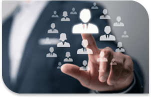 Hand interacting with holographic customer icons