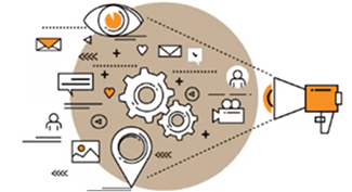 Illustration of integrated tech ecosystem with gears and megaphone